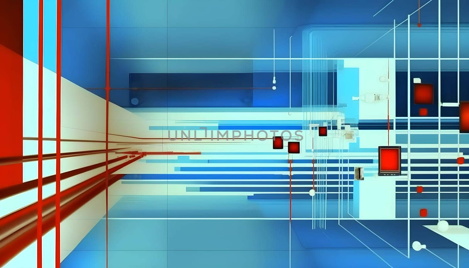 Big data abstract geometry visualization concept background in Bauhaus retro style in red, blue and white colors. AI Generative content