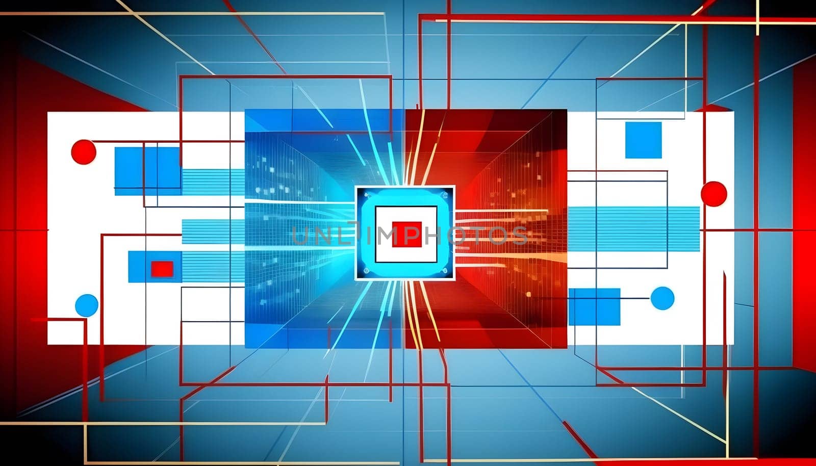 Big data abstract geometry visualization concept background in Bauhaus retro style in red, blue and white colors. AI Generative content
