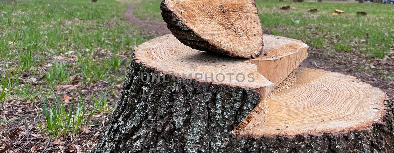 a stump from a cut tree with a saw on the street in the city in spring
