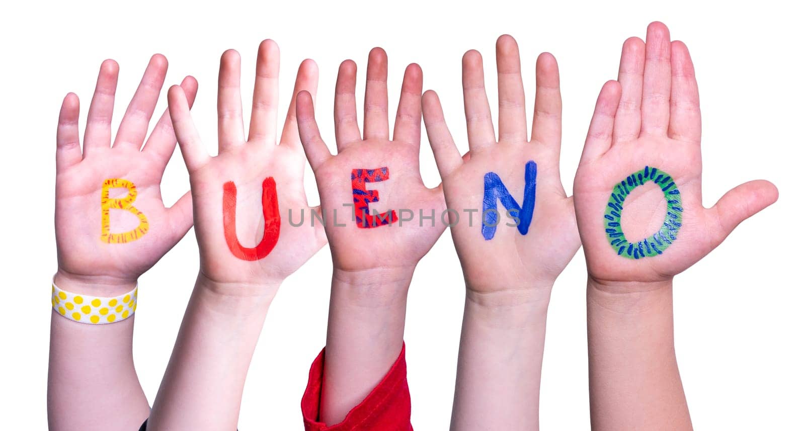 Children Hands Building Colorful Spanish Word Bueno Means Good. Isolated White Background.
