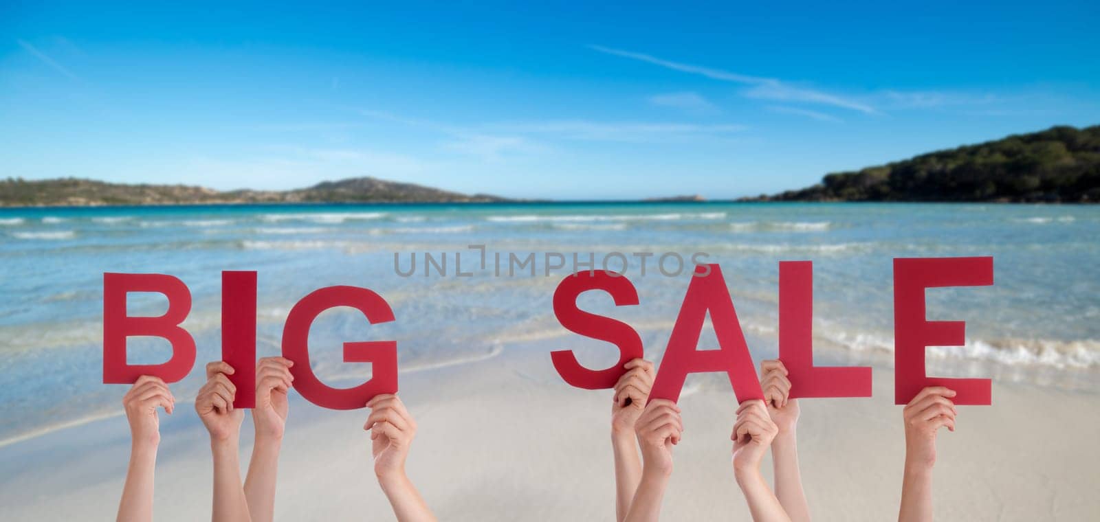 People Or Persons Hands Building English Word Big Sale. Summer Ocean, Sea And Beach As Background.
