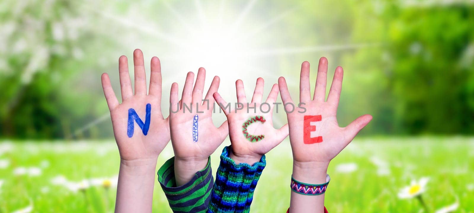 Children Hands Building Colorful English Word Nice. Sunny Green Grass Meadow As Background.