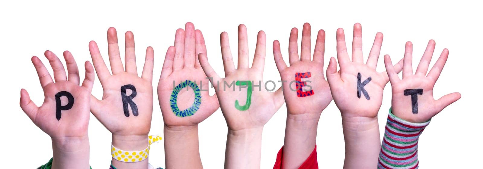 Children Hands Building Colorful German Word Projekt Means Project. White Isolated Background