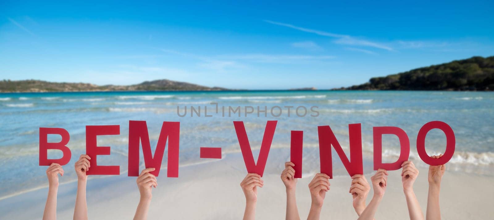 People Or Persons Hands Building Portuguese Word Bem-Vindo Means Welcome. Summer Ocean, Sea And Beach As Background.