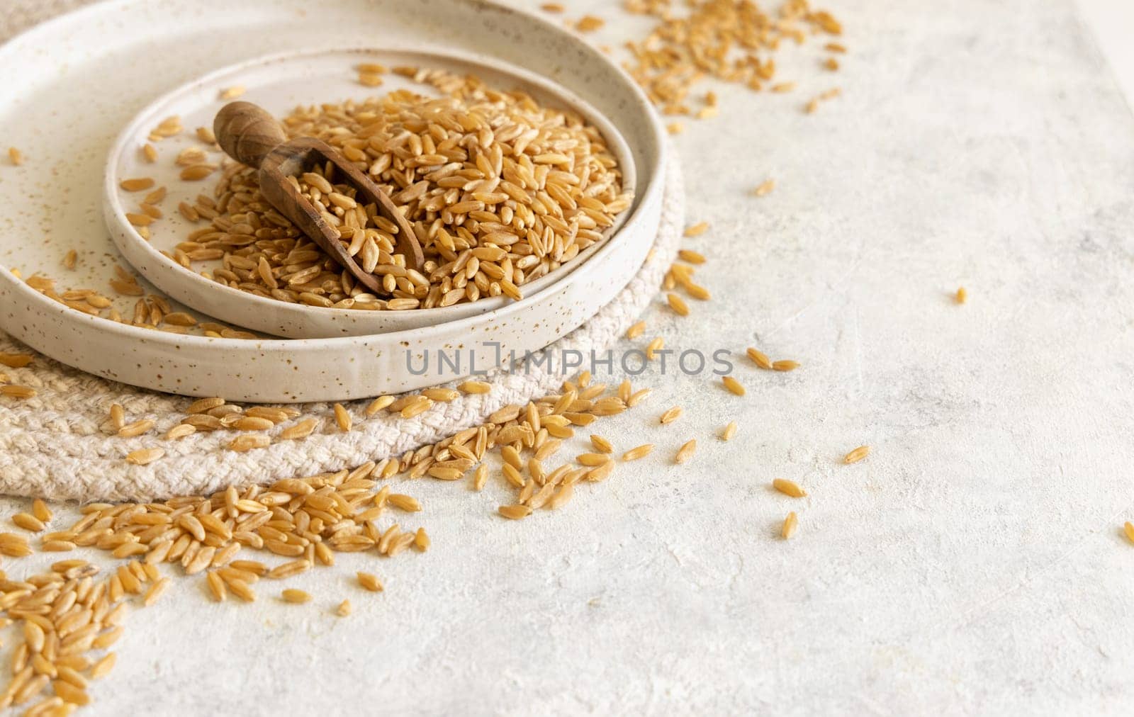 Plate of raw dry rye grain with a wooden spoon on white table close up. Healthy alternative low gluten seeds. Protein source for vegan and vegetarian diet.