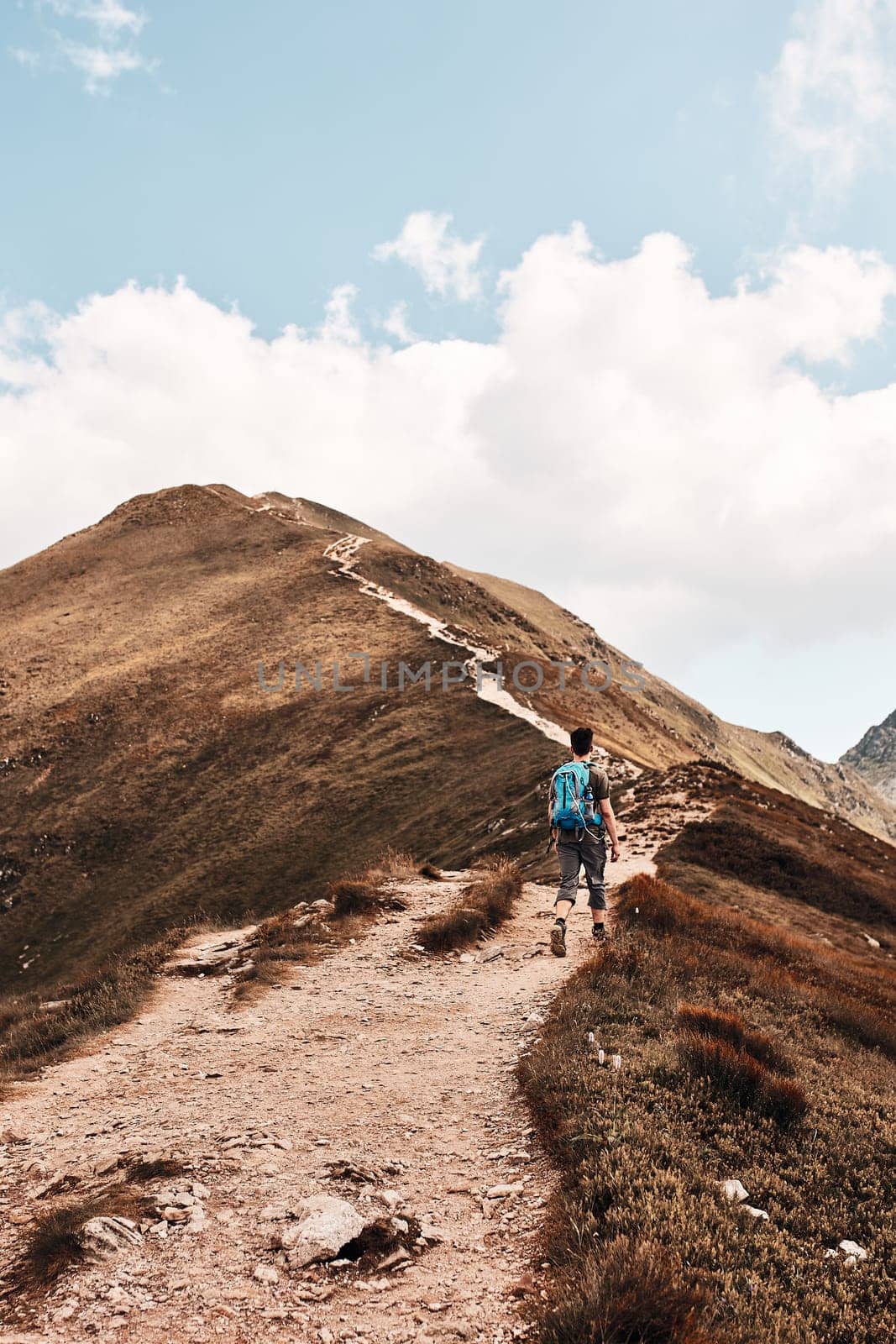 Young man with backpack hiking in a mountains, actively spending summer vacation. Rear view of teenager walking up on a hill along mountain path