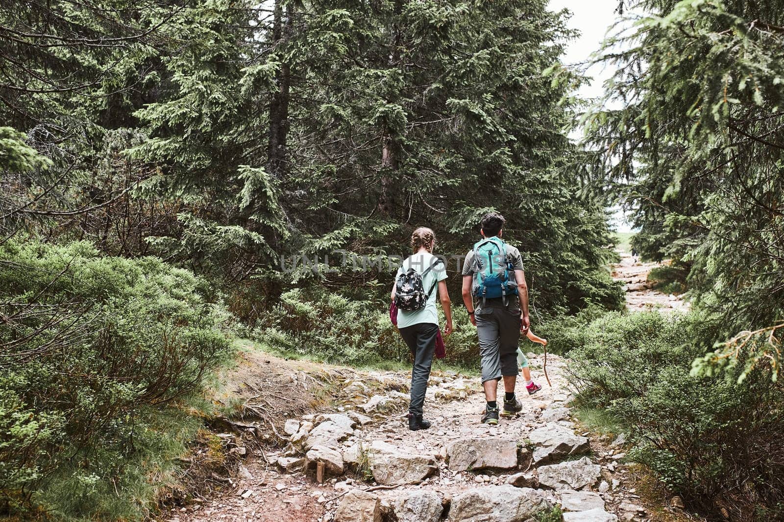 Family with backpacks hiking in a mountains actively spending summer vacation together walking on forest path talking and admiring nature mountain landscapes