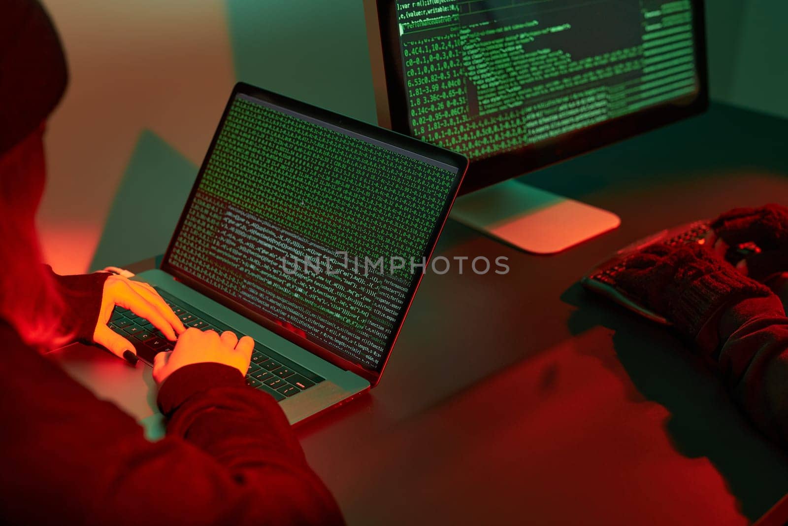 Anonymous people using computer and programming to break code. Cyber security threat. Internet and network security. Access to private information. Anonymous hackers using technology to access to password and encrypted data. Cyber attack