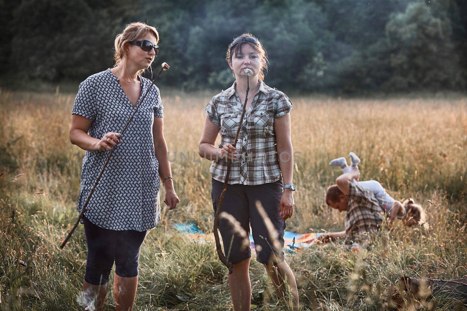 Women roasting a marshmallows over a campfire on meadow. Families spending vacations close to nature. Candid people, real moments, authentic situations