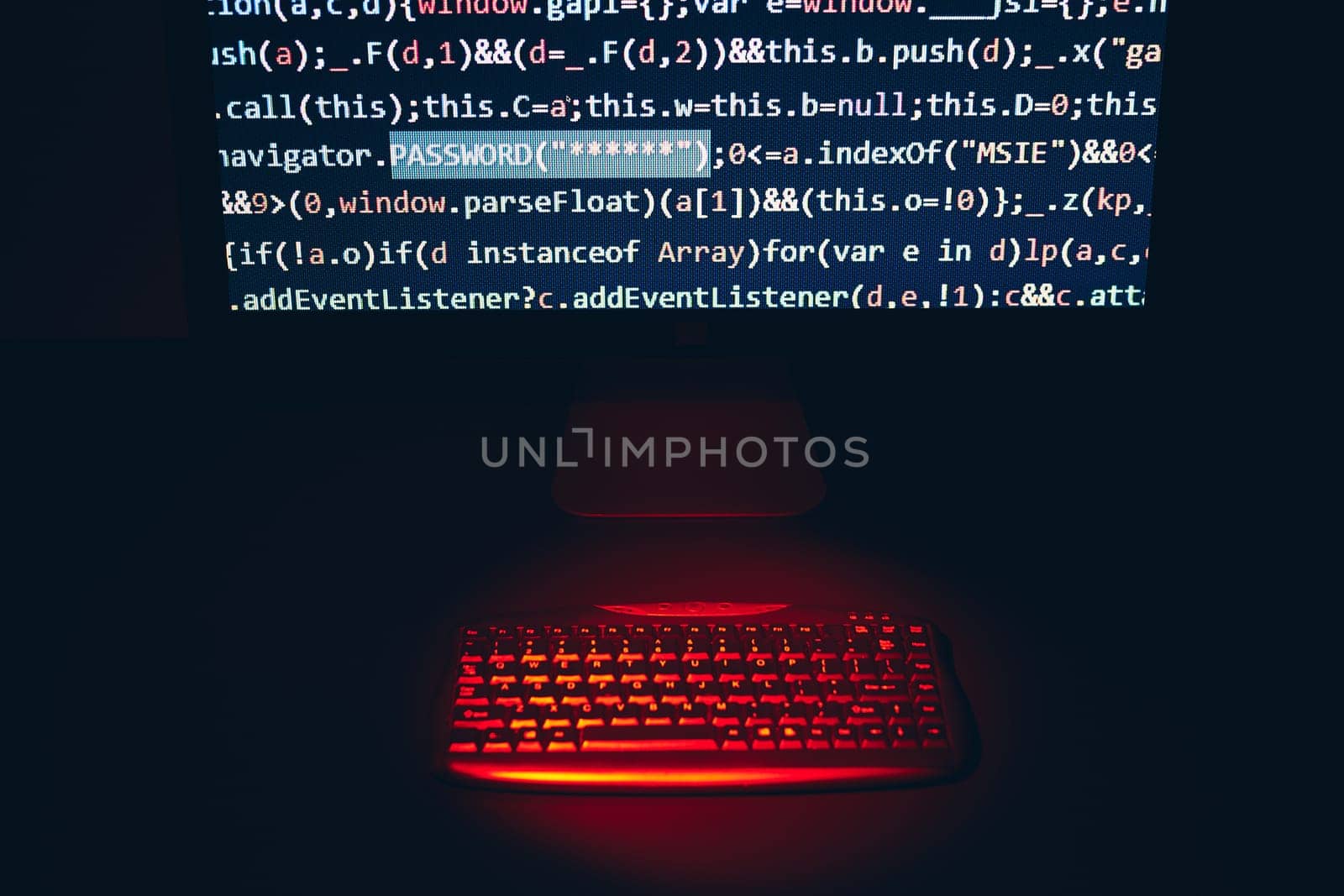 Cyber security. Program code on screen. Using computer and programming to break code. Cyber security threat. Internet and network security. Stealing private information. Person using technology to steal password and private data. Cyber attack