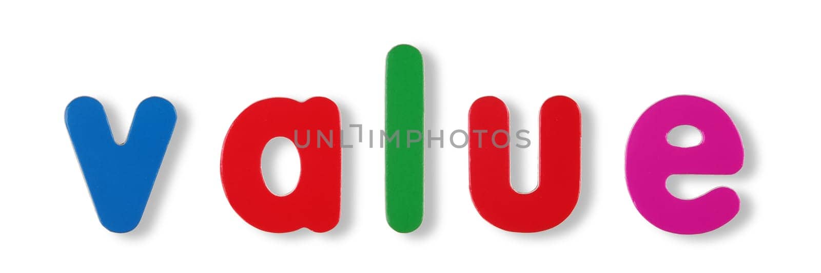 value word coloured magnetic letters on white with clipping path to remove shadow