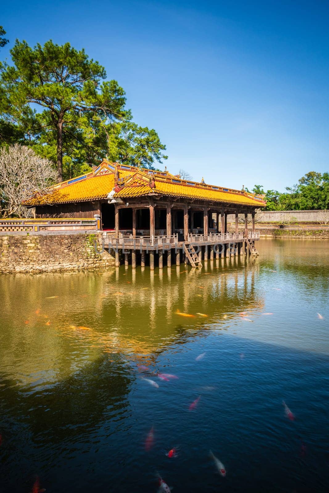 Lotus Pond and a pavilion at the site of the tomb of Emperor Tu Duc in Hue, Vietnam