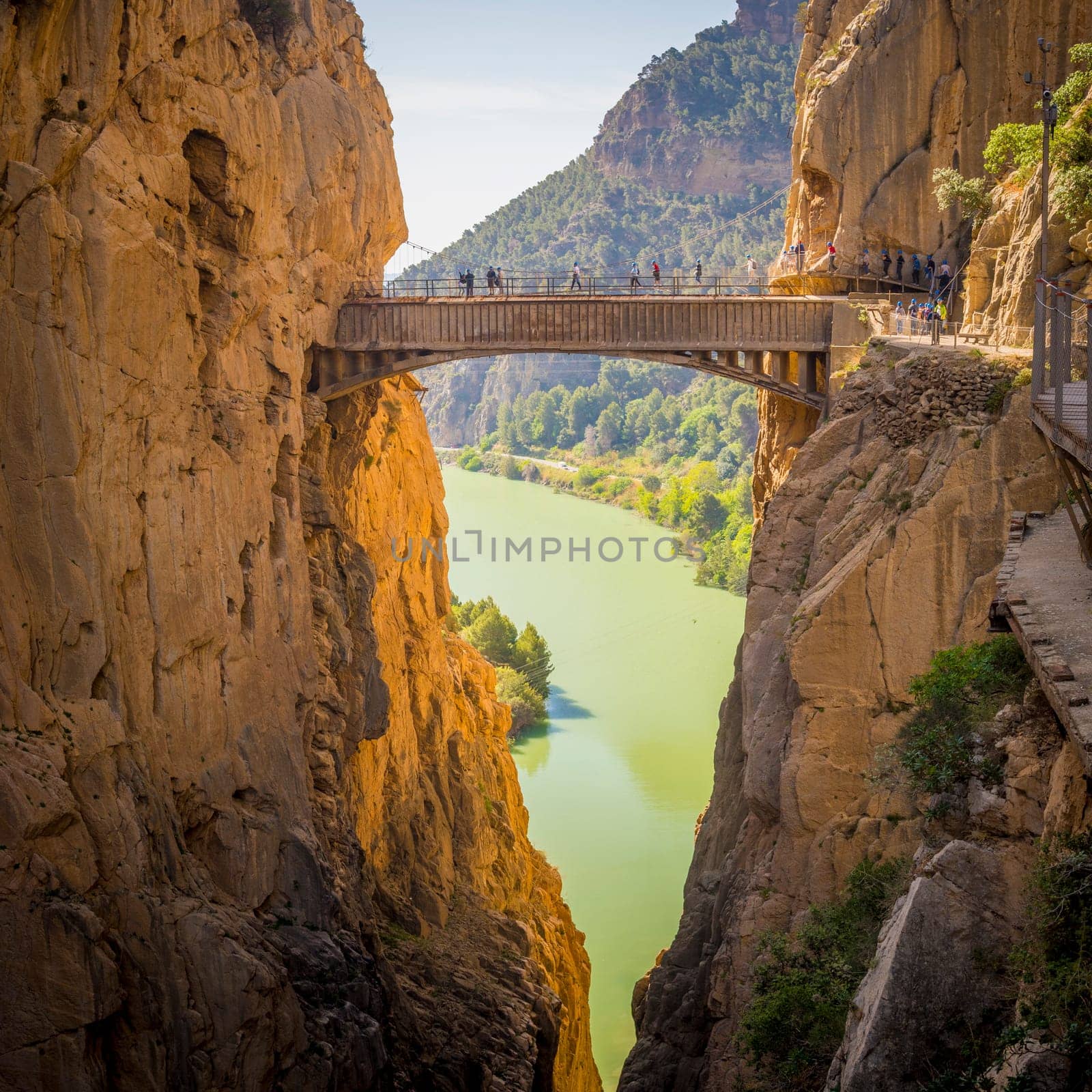 El Chorro, Spain, April 2023: View on the Caminito De Rey bridge, Puente colgante