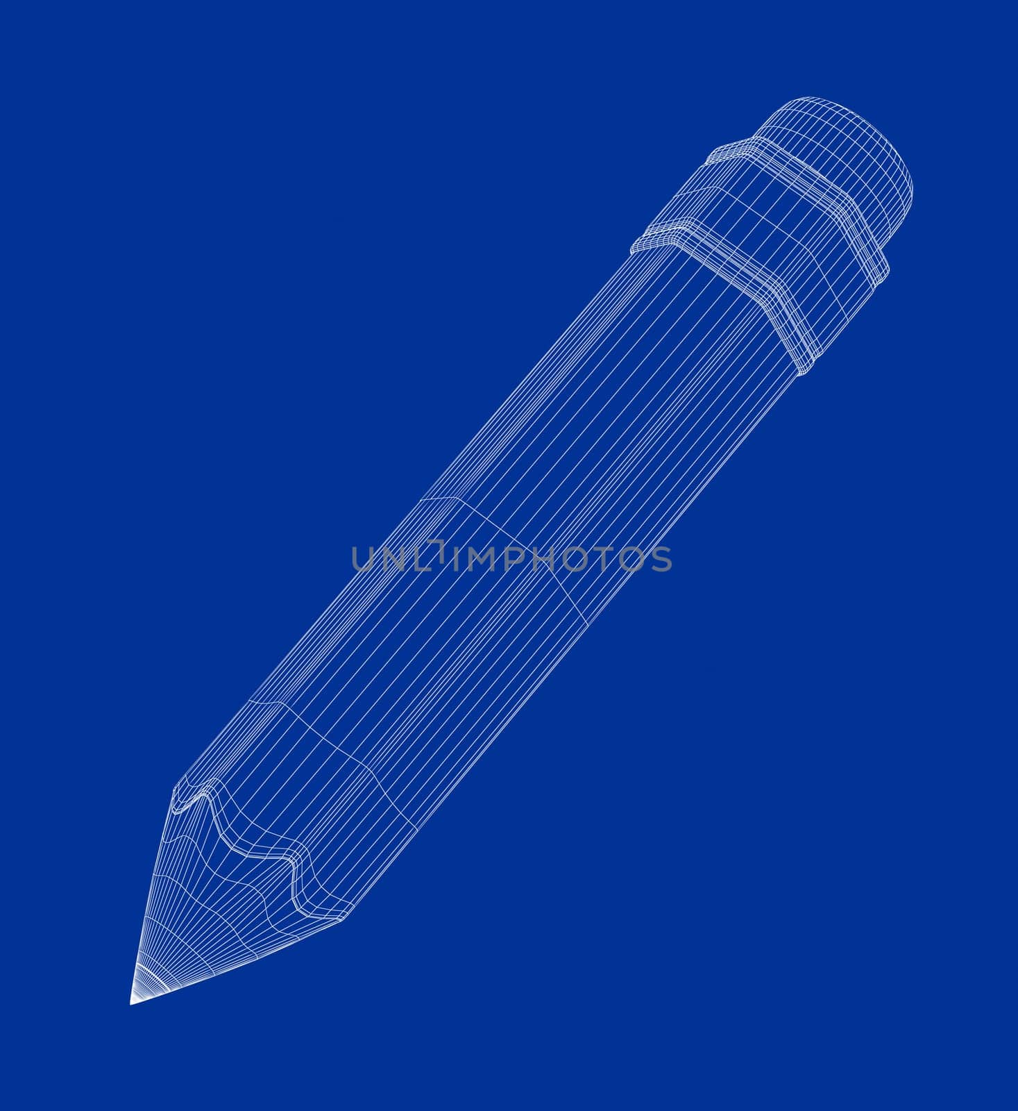 3D wire-frame model of pencil with eraser