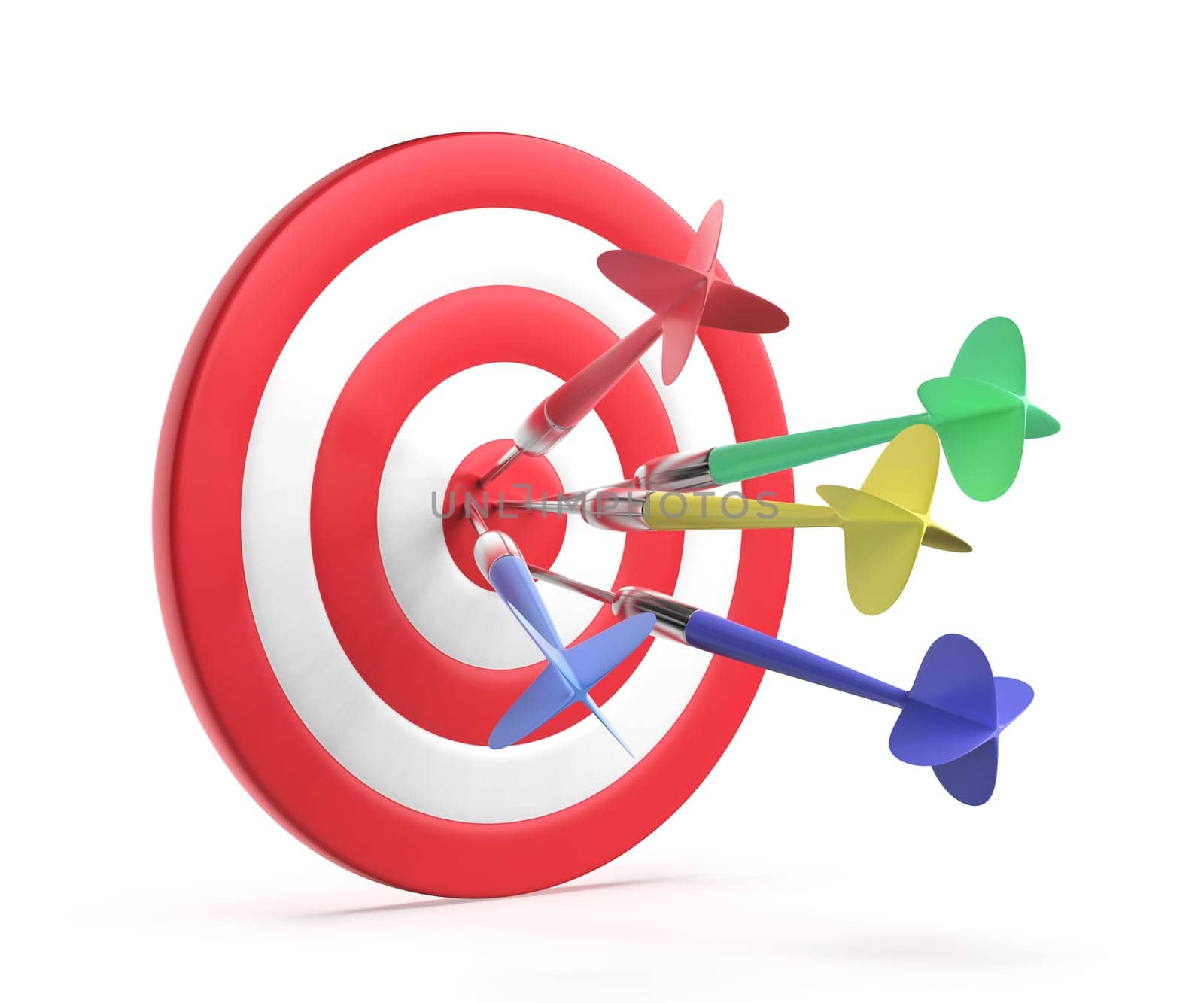 Darts hitting the center of dartboard, concept image