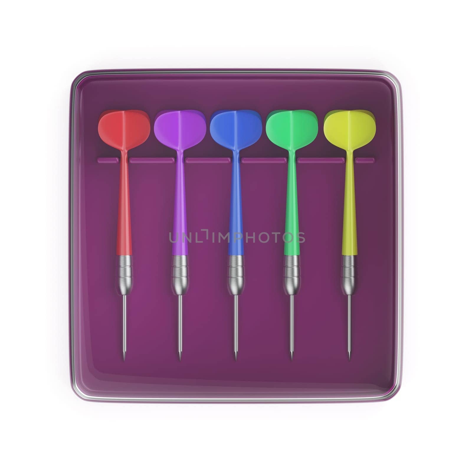 Plastic box with five colorful darts on white background, top view
