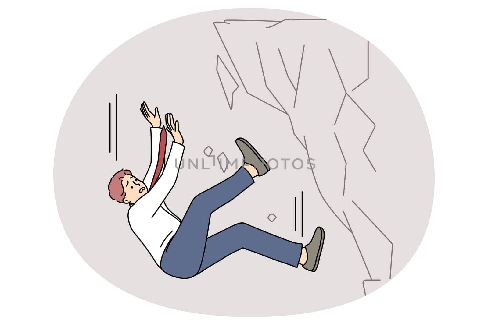 Stressed businessman fall down from rock suffer from work failure or crisis. Unhappy male employee have professional or job fiasco struggle breakdown. Flat vector illustration.