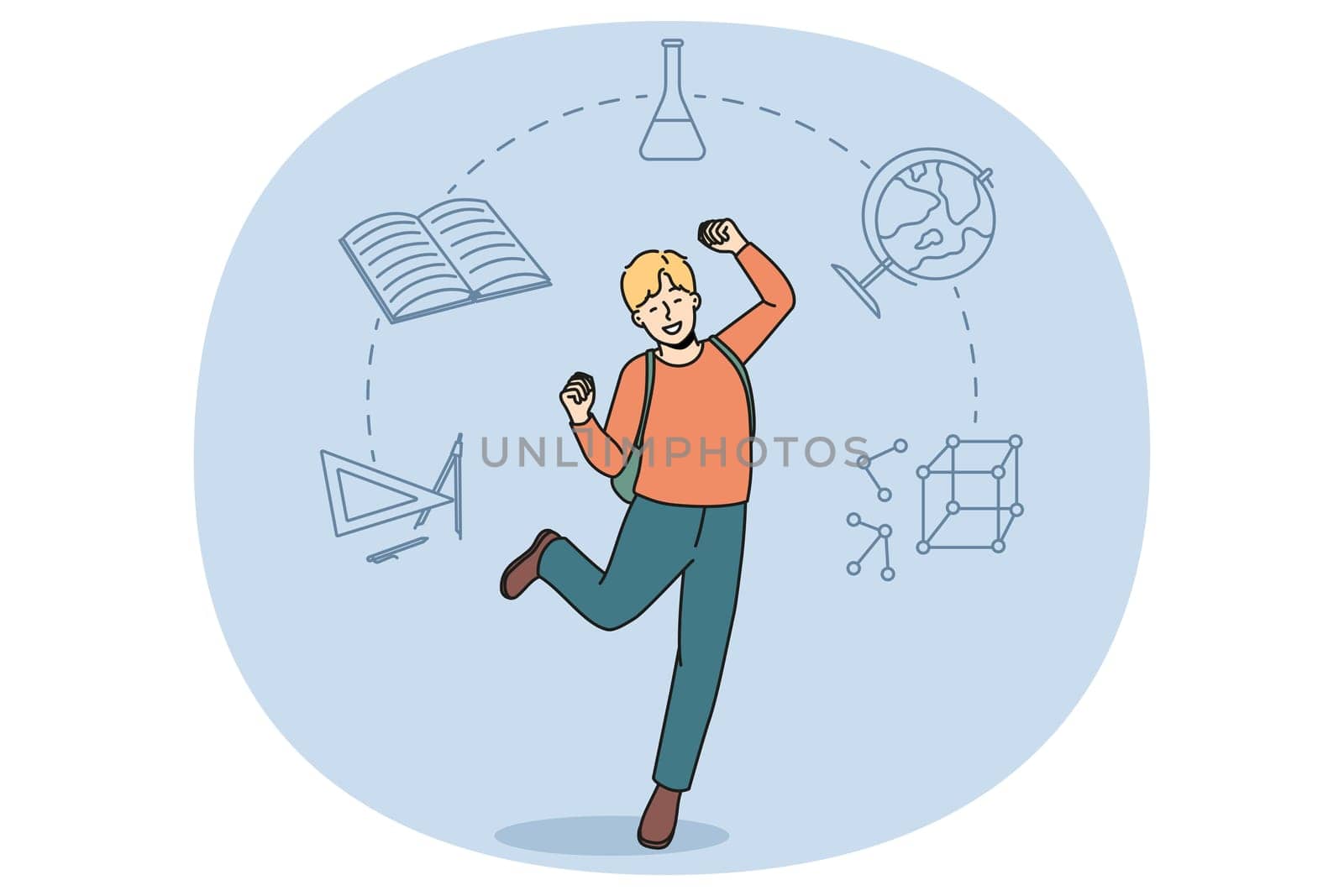 Happy boy child feel excited about being back to school. Smiling kid pupil euphoric about lessons start. Education and learning concept. Flat vector illustration, cartoon character.