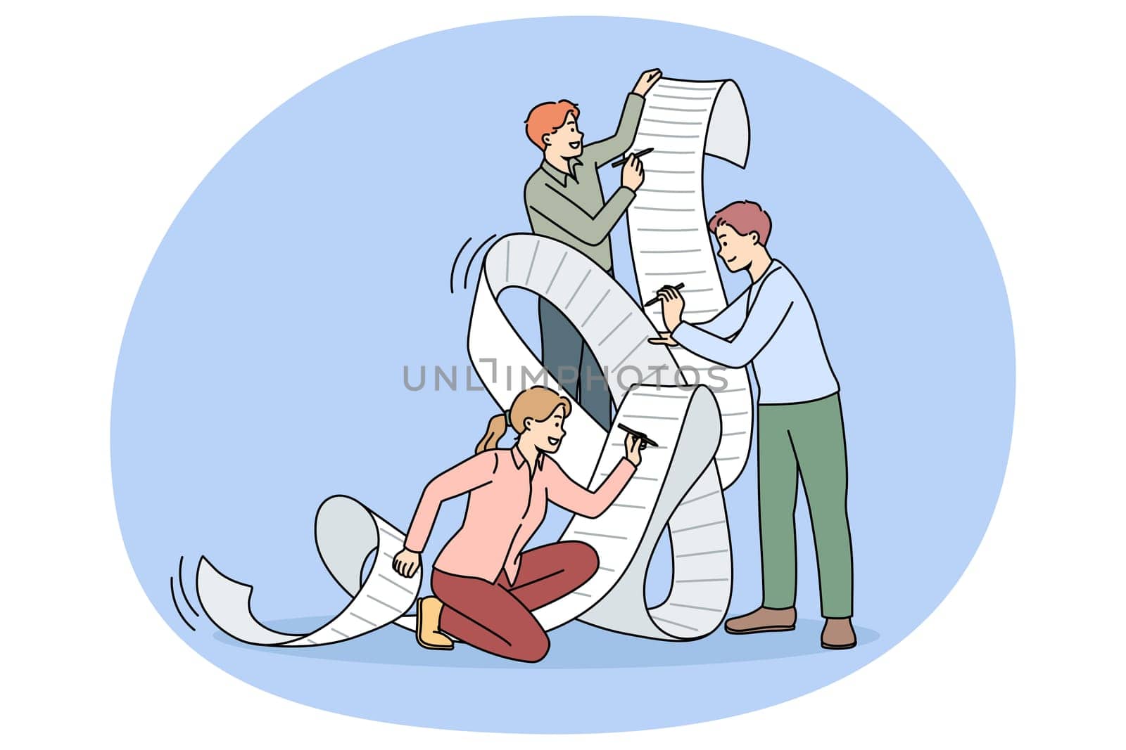 Team of employee work together signing agreement in office. Diverse businesspeople or colleagues put signature on paperwork close deal or contract. Partnership. Vector illustration.