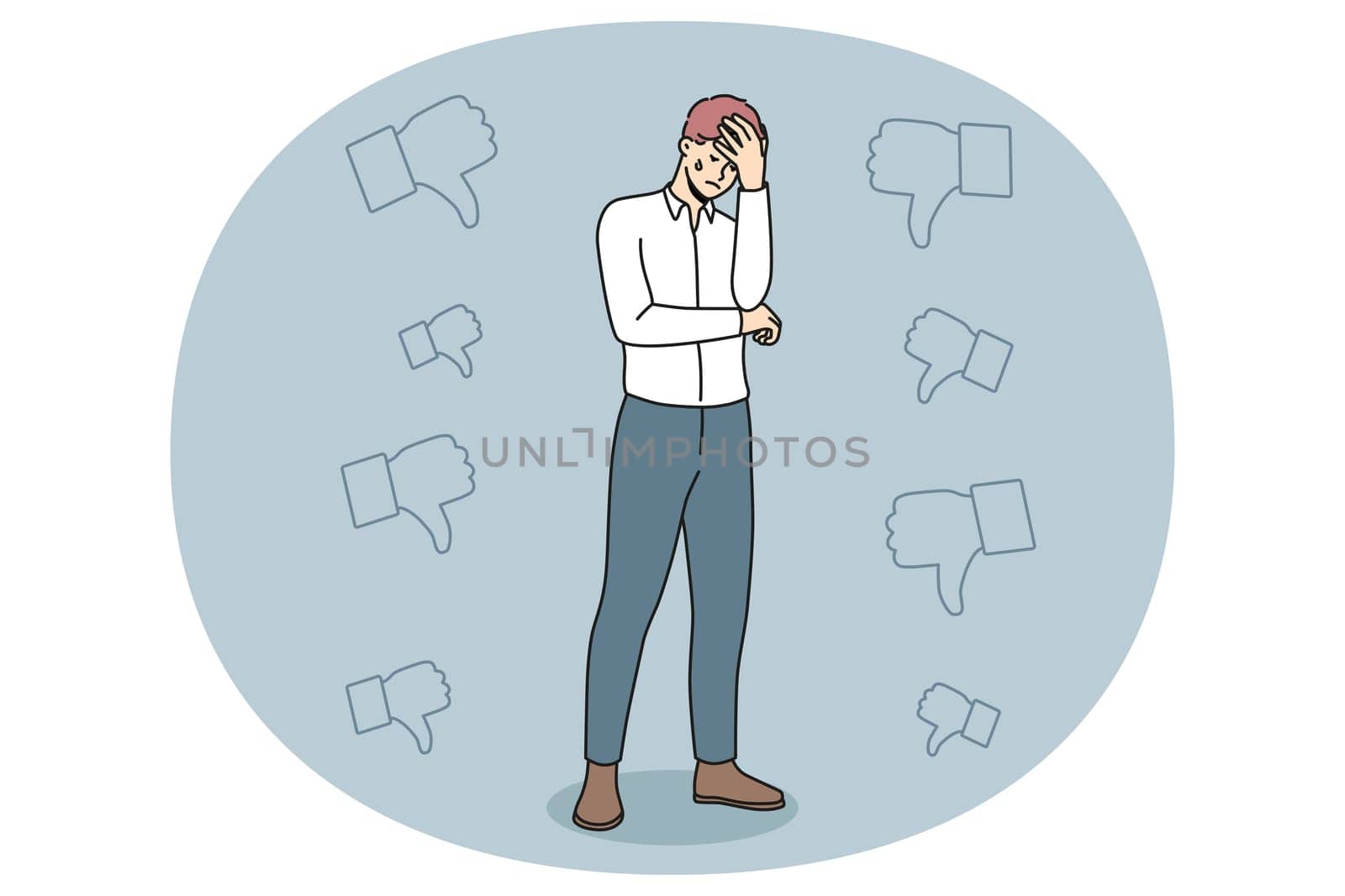 Unhappy businessman stressed with negative feedback or bad career news. Upset male employee distressed with work failure or mistake. Job burnout or mental breakdown. Vector illustration.