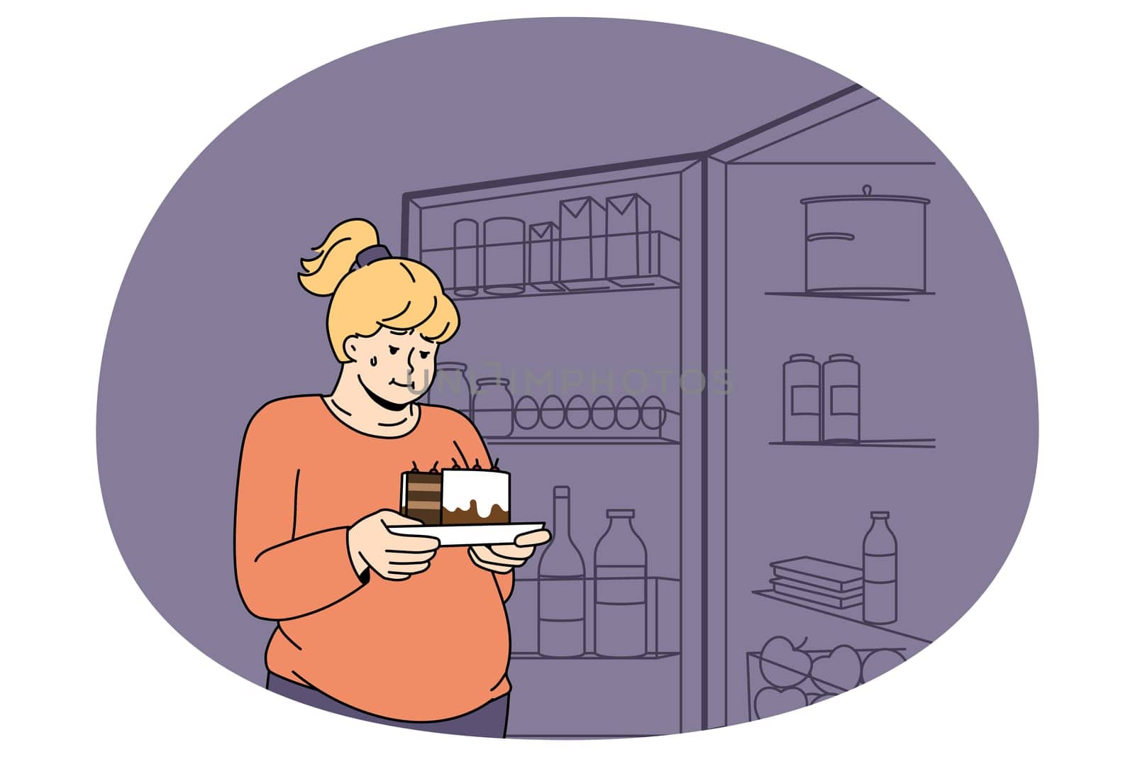 Fat woman holding piece of cake thinking of eating sweet stuff. Obese female near open fridge overeating suffer from weight and addiction problem. Diet and healthy lifestyle. Vector illustration.