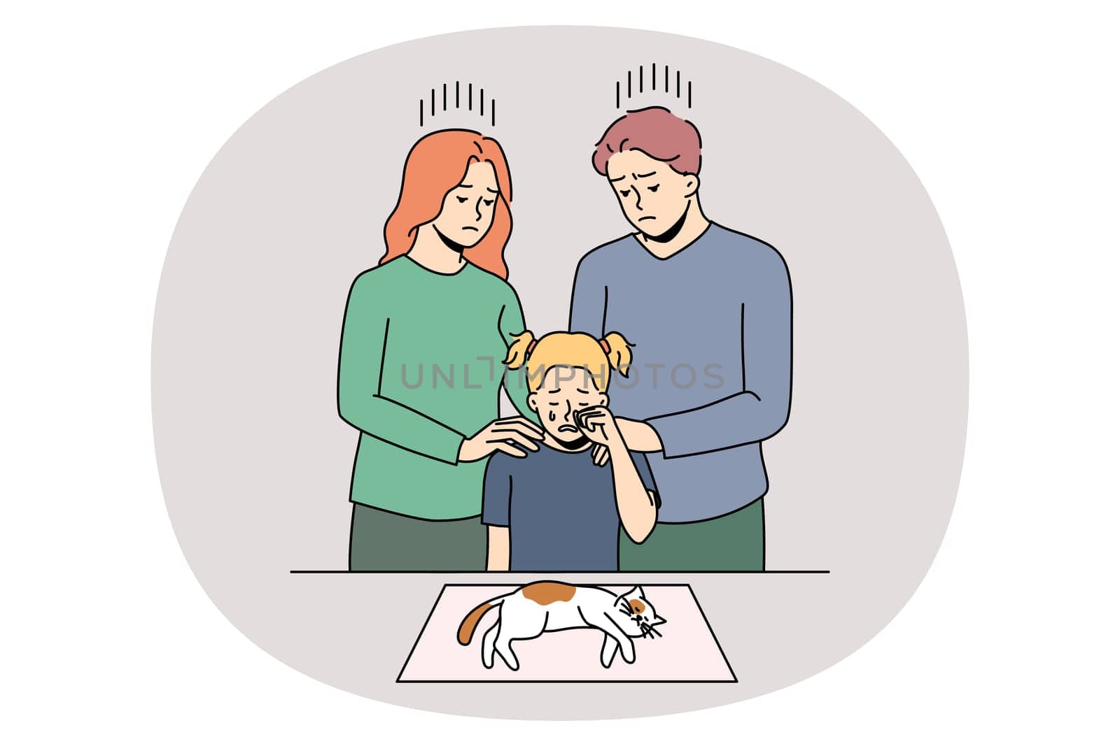 Family with child mourn of sick poor cat being unwell dying on table in hospital. Parents with small kid grieve above old pet gone. Domestic animals and bonding concept. Vector illustration.