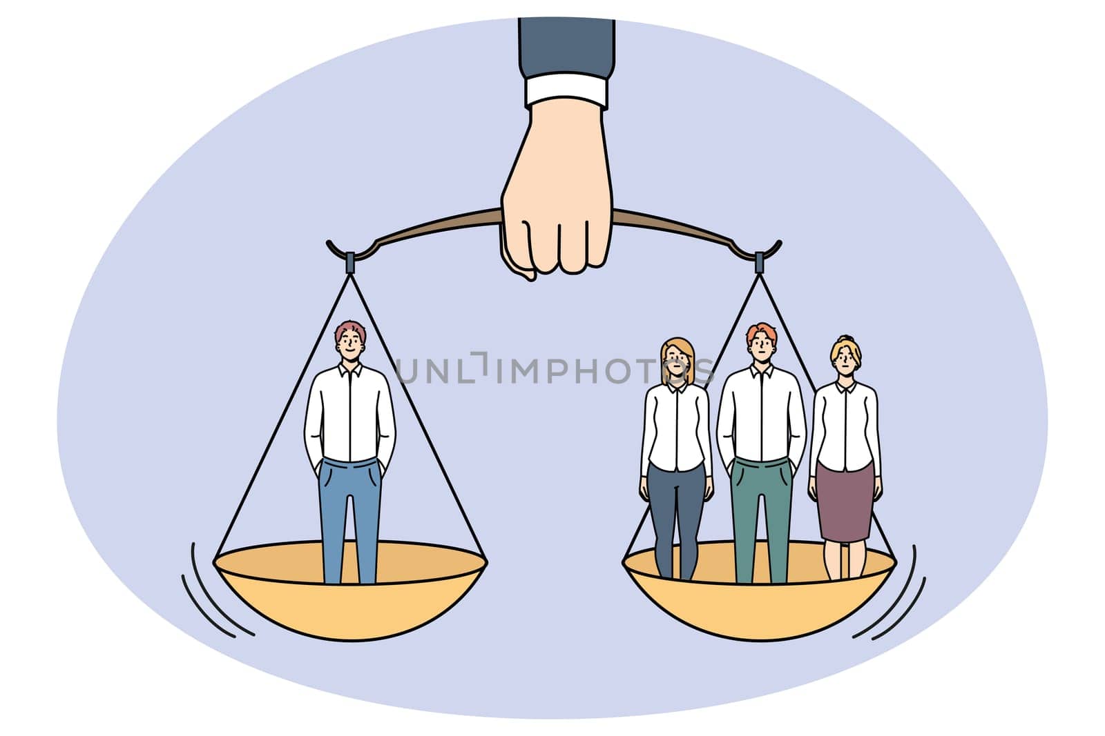Businessman hand hold scales with one man weight same as group of people. Employees team and separate worker balance on weighs. Inequality of rights and power. Vector illustration.