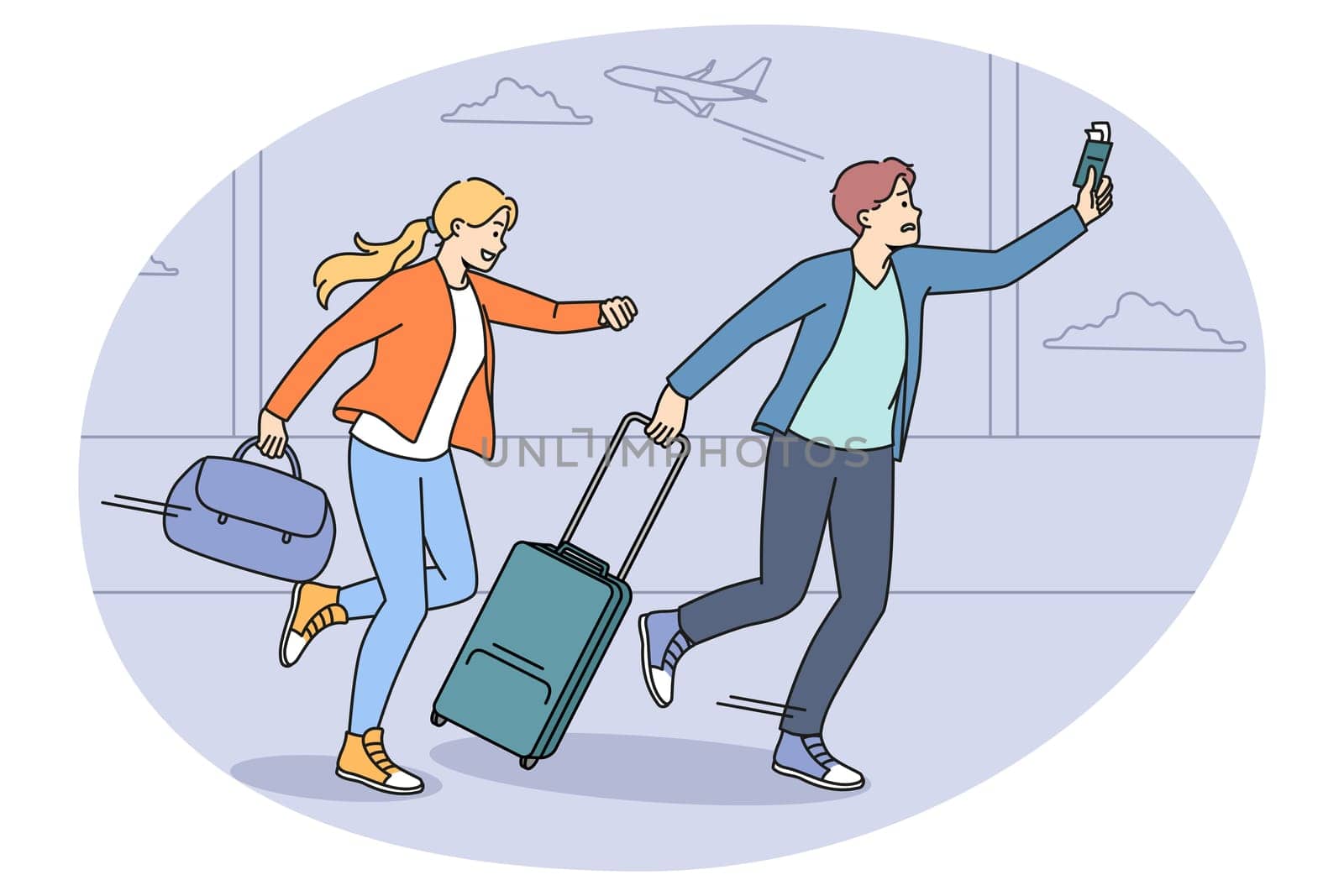 Worried couple tourists run in hurry for plane in airport. Man and woman travelers in rush not to miss flight going to vacation or trip. Travel and tourism concept. Vector illustration.