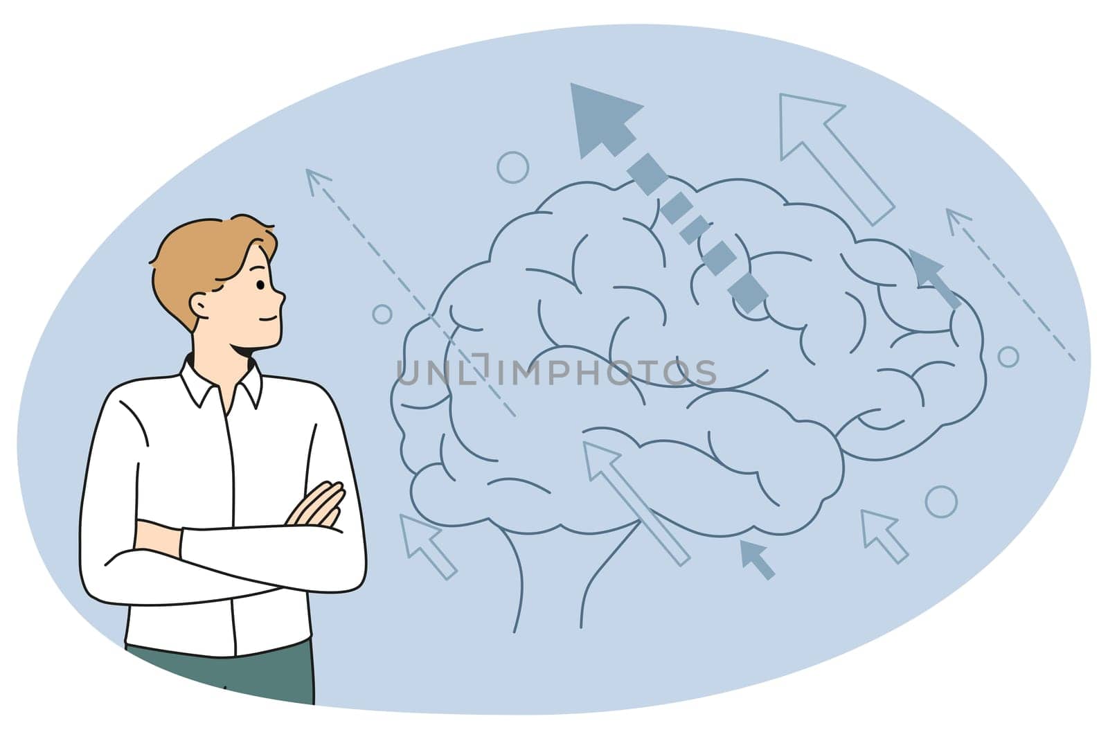 Businessman look at huge brain image develop idea or solve business problem. Male employee brainstorm think of trouble solution. Creativity and innovation. Flat vector illustration.
