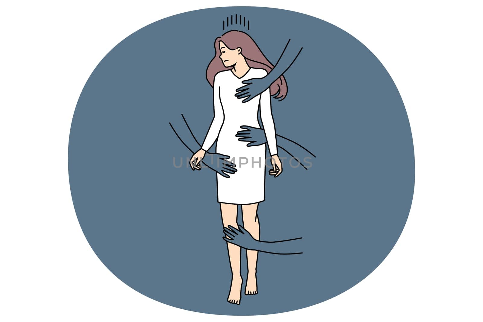 Hands of men touch unhappy stressed woman. Concept or gender harassment and violence. Sexual rape and bullying. Female suffer from discrimination at workplace. Vector illustration.