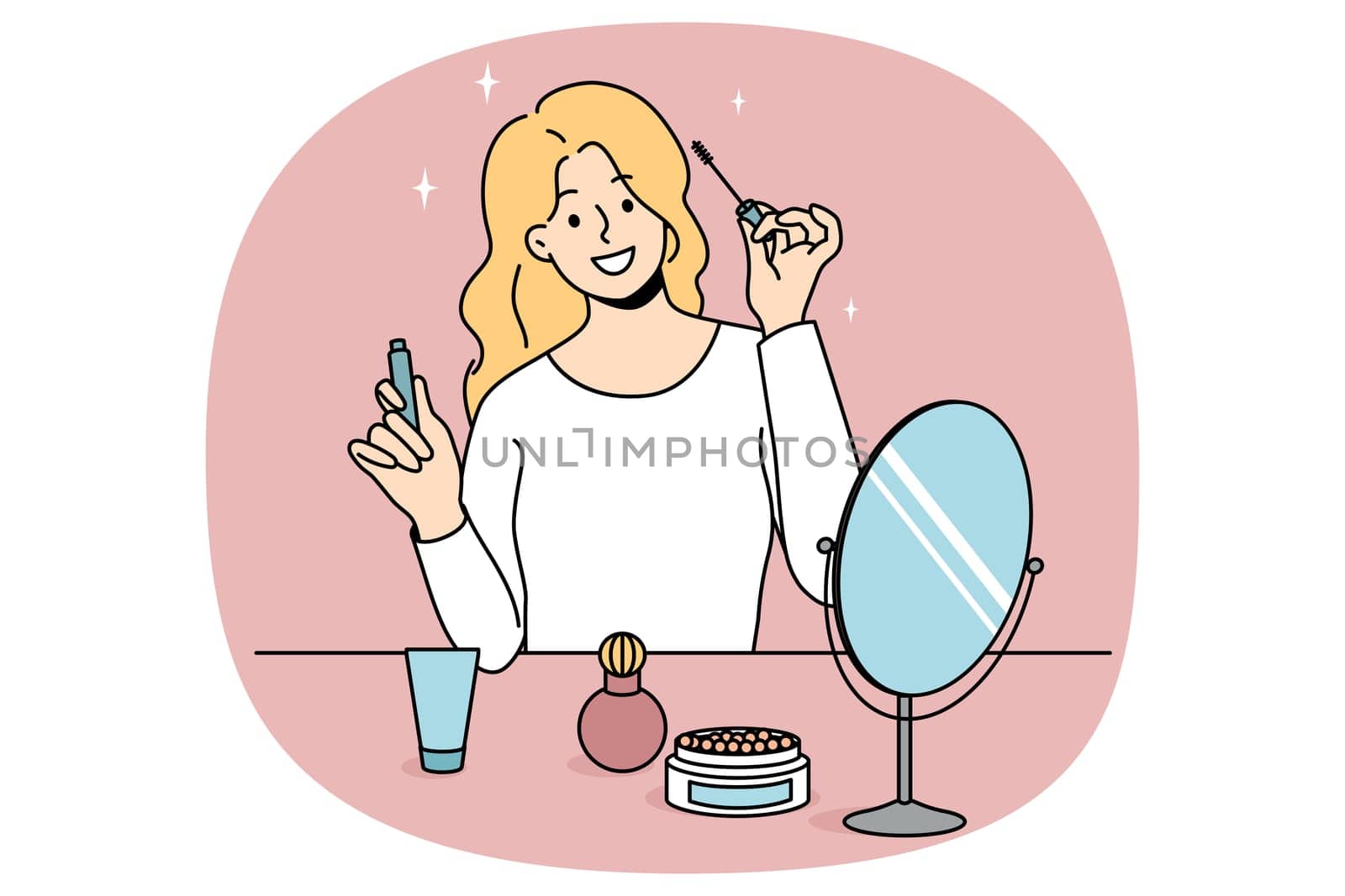 Smiling girl sit at table doing makeup put mascara. Happy young woman look in mirror apply beauty cosmetics products. Daily routine and preparation. Cosmetology. Vector illustration.