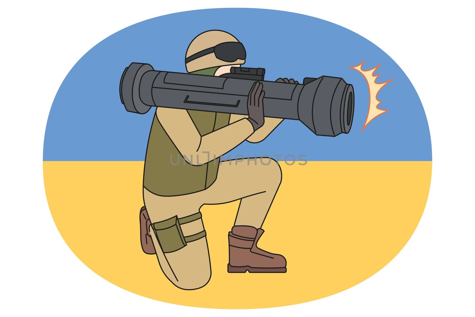 Soldier in uniform with missile weapon isolated on Ukrainian flag. Warrior or army man with anti-tank rifle fight for Ukraine in war against Russia. Modern rocket launcher. Vector illustration.