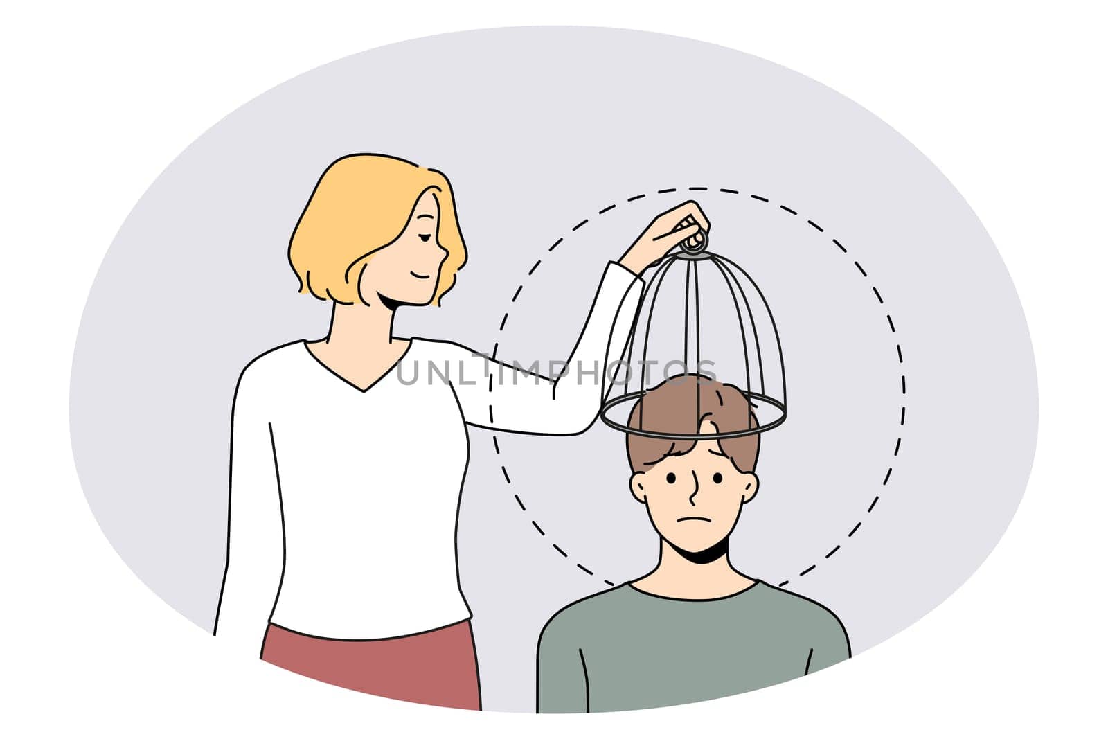 Woman take cage from man head free his mind to new ideas and knowledge. Concept of brain free from imprisonment. Creative thinking and unlock potential. Vector illustration.