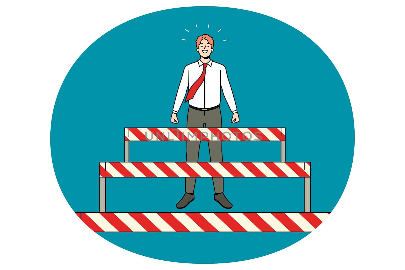 Businessman stand overcome obstacles on way to career or work success. Motivated happy man employee pass barriers to achievement. Challenge and accomplishment. Vector illustration.