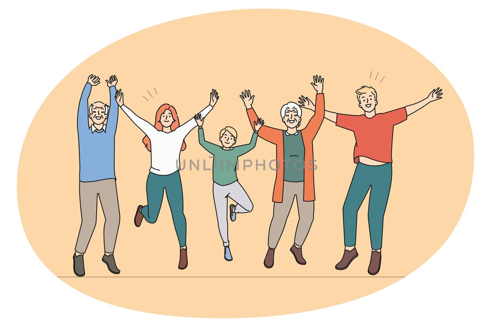 Overjoyed three generations of family have fun jump and laugh together. Smiling kids, parents and grandparents celebrate success feel joyful and excited. Flat vector illustration.