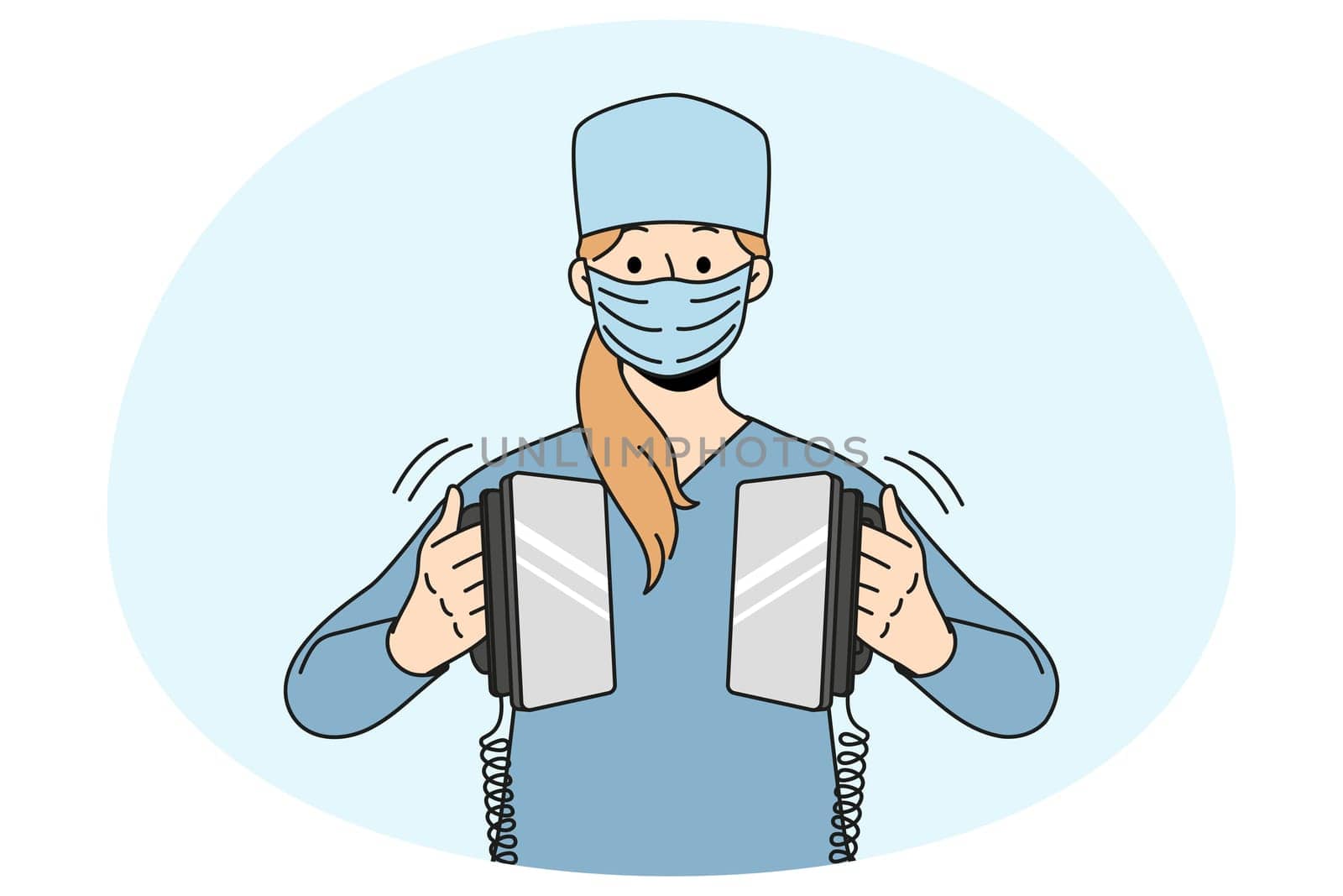 Woman nurse in medical uniform and facemask resuscitating patient in hospital. Female worker use defibrillator in ER in clinic. Medicine and healthcare. Vector illustration.