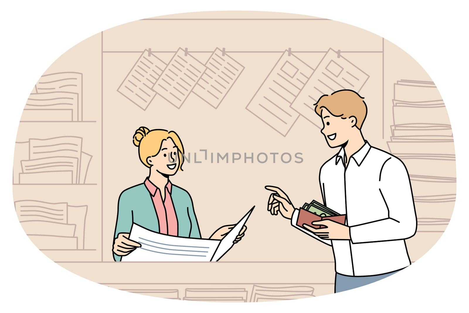 Smiling buy magazine at street newsstand with press. Happy male client purchase newspaper in outdoor kiosk or stall. Print media and entertainment. Flat vector illustration.
