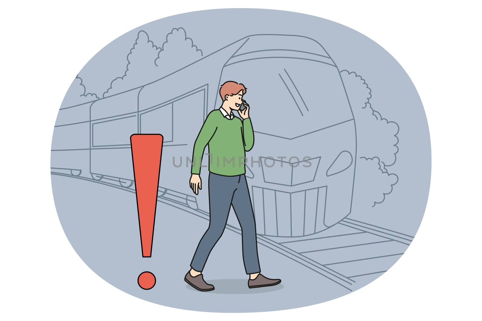 Young man talking on phone crossing tracks while train is approaching. Careless guy speak on cellphone ignore railroad safety rules and warnings. Keep back from platform edge. Vector.
