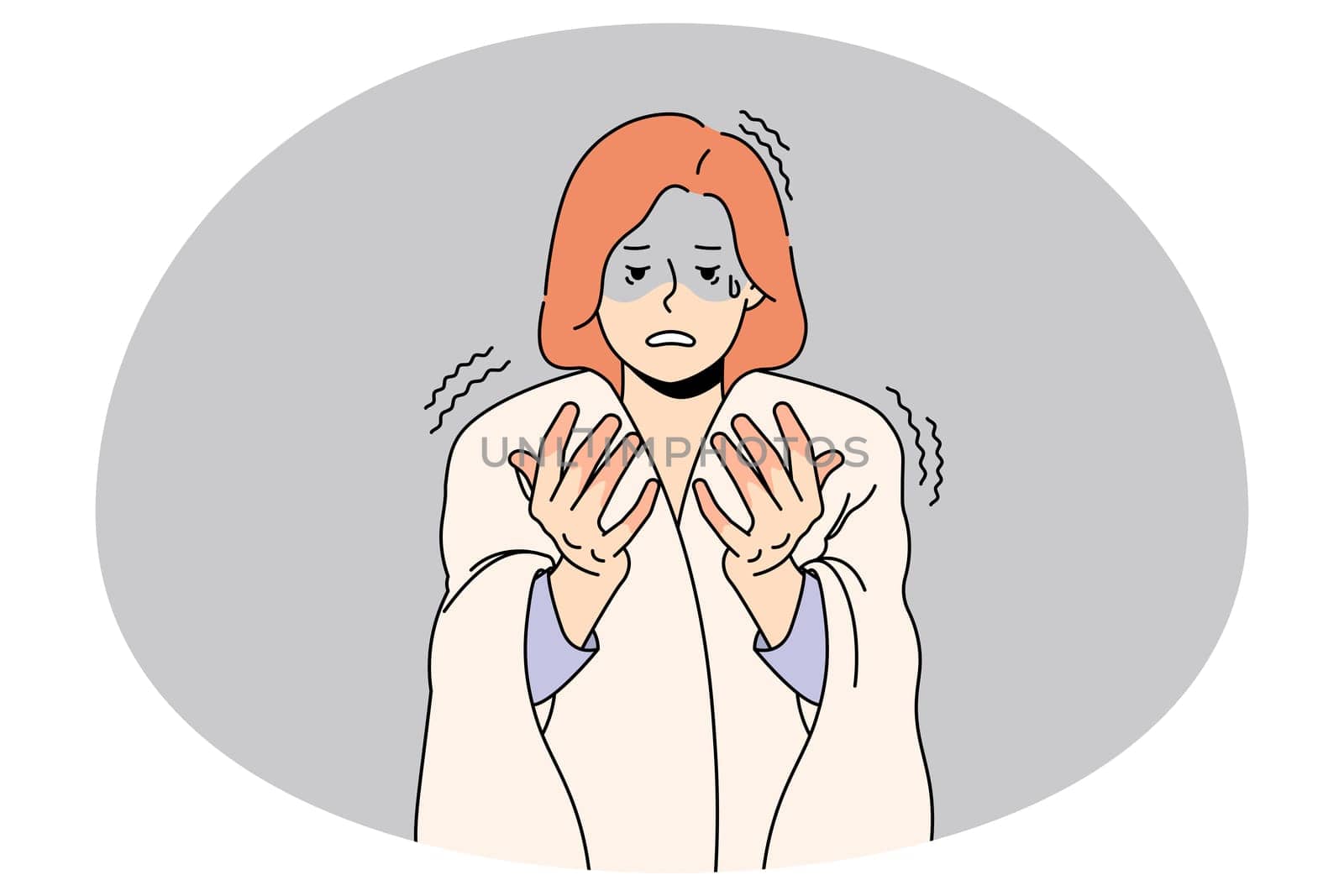 Unhappy woman feel anxious look at red hands suffer from sickness or illness. Upset female with blanket on shoulders have fingers frostbite struggle with cold weather. Vector illustration.