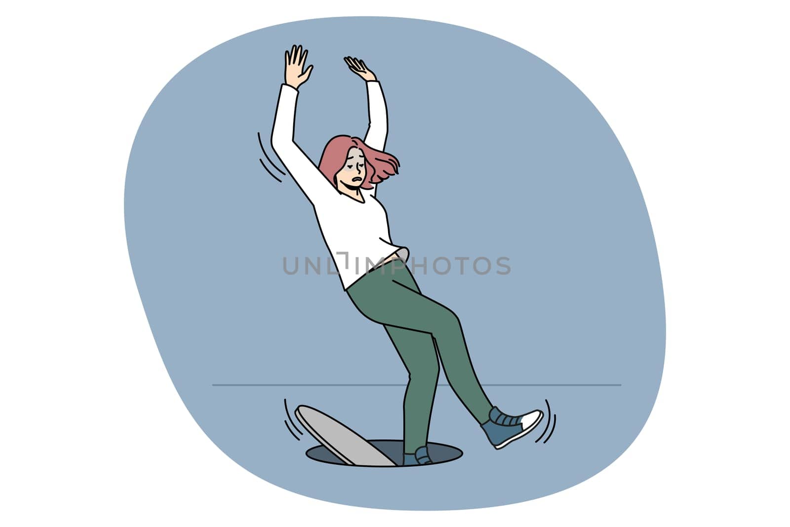 Clumsy unlucky woman fall in open hatch feel scared distressed with unpleasant accident. Female dangerous event or misfortune outdoors. Concept of risky affair or failure. Vector illustration.