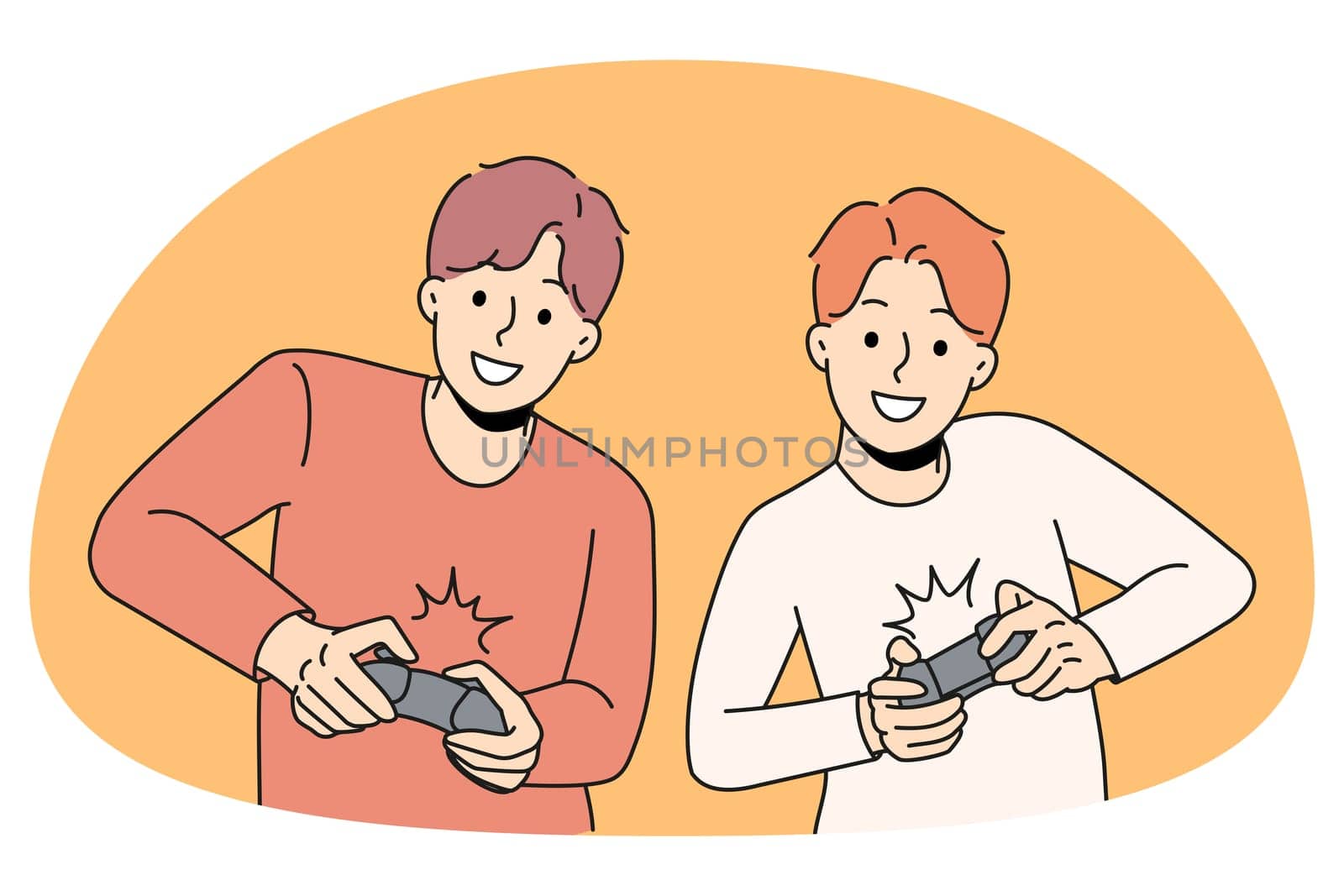 Happy guys playing video games holding joysticks. Smiling men gamers have fun together enjoy console videogame on TV or computer. Leisure time and relaxation. Vector illustration.