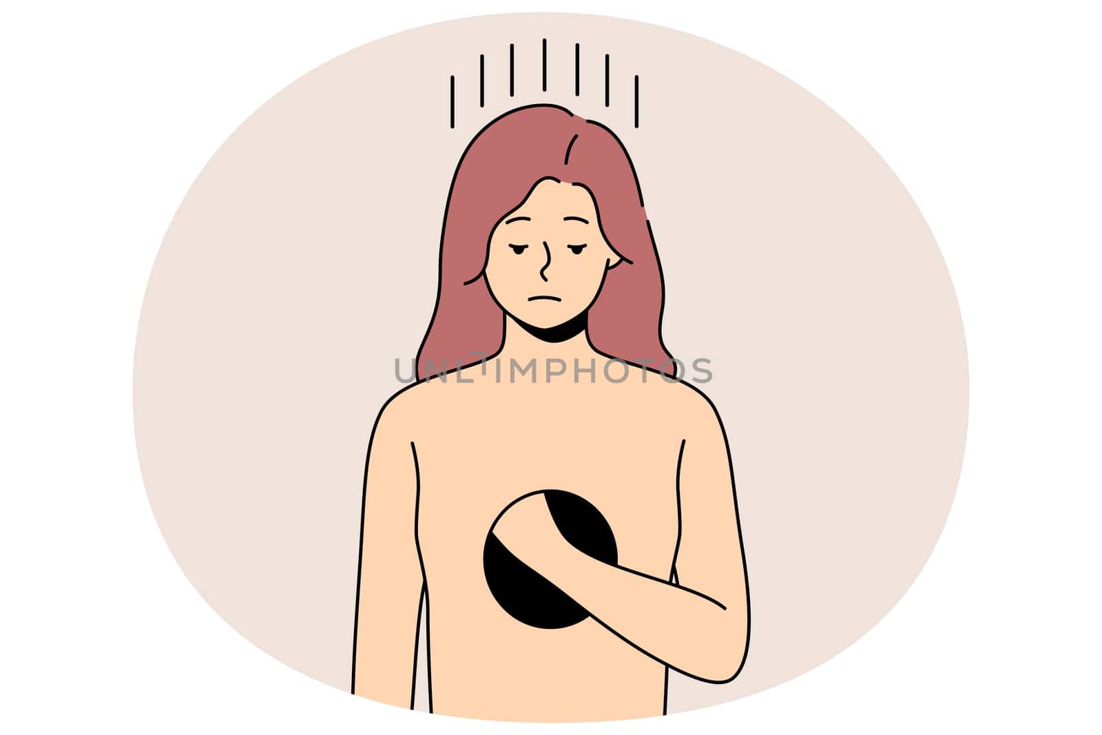 Unhappy woman with hole in body suffer from depression and psychological disorder. Upset sad girl feeling empty inside having mental problems. Healthcare concept. Vector illustration.