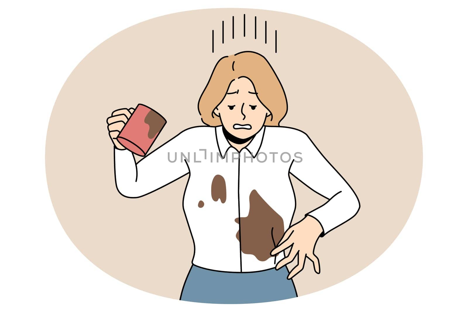 Distressed businesswoman spill coffee on blouse. Unhappy woman douse herself with drink. Clumsy careless female accident at workplace. Vector illustration, cartoon character.