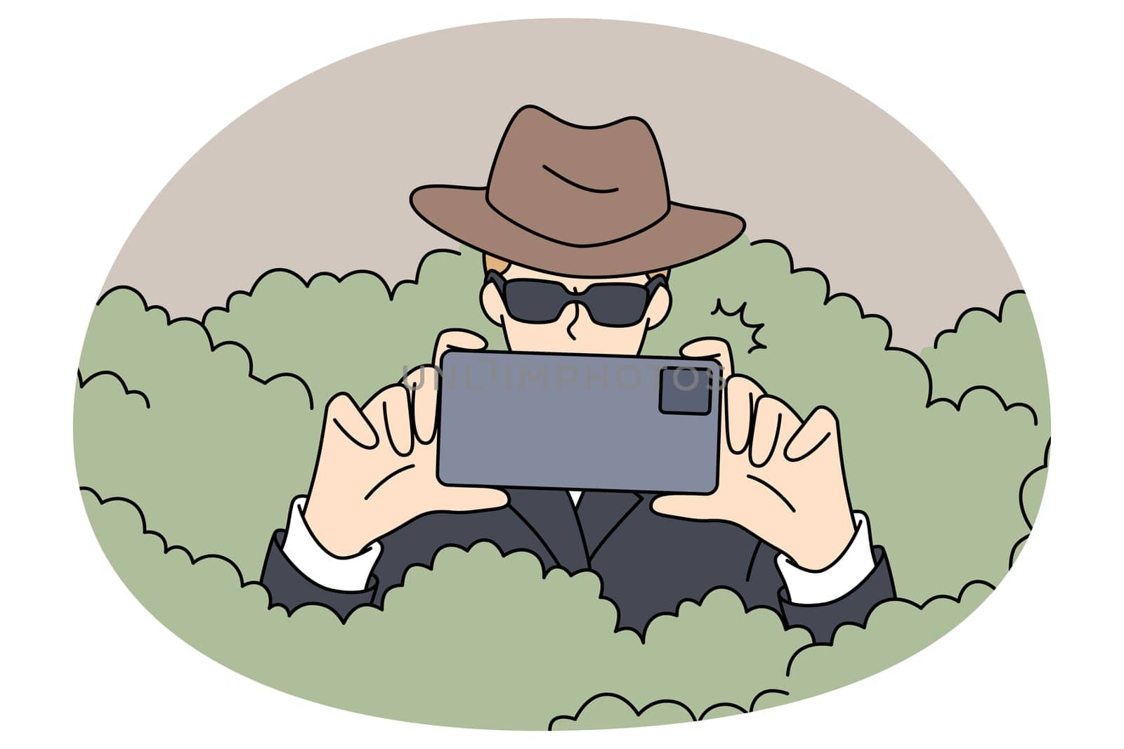 Private detective in sunglasses hiding in bushes photographing using smartphone camera. Spy or secret agent making photo with cellphone solving or detecting crime. Vector illustrations.