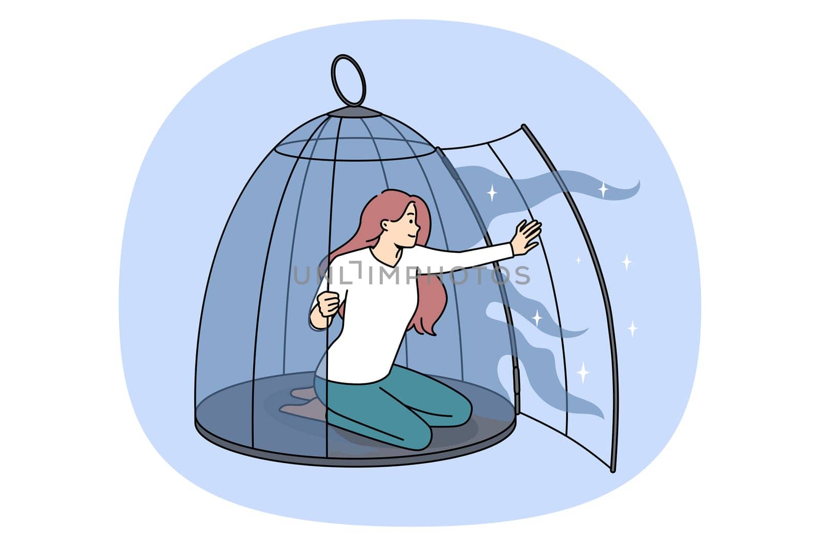 Happy young woman come out of cage recover from depression or mental issue. Smiling girl free from birdcage take new opportunities. Freedom and rehabilitation. Vector illustration.