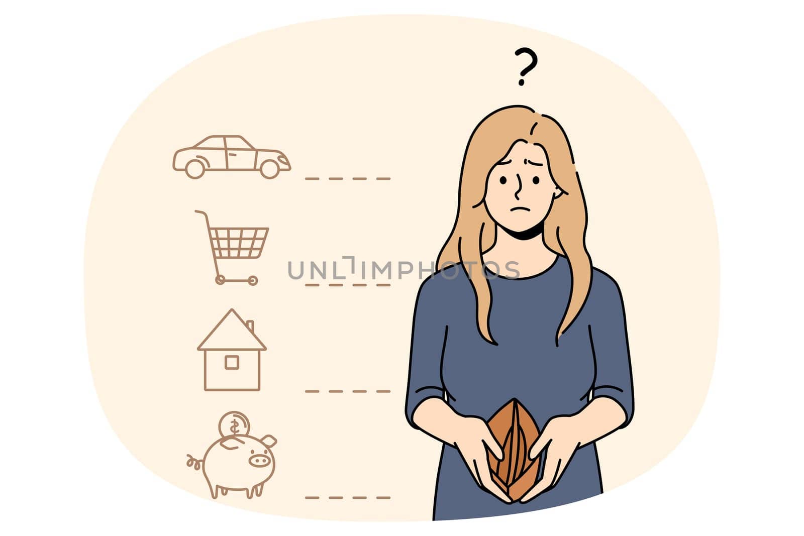 Unhappy confused woman with empty wallet think of monthly payment. Frustrated female distressed with bills and taxes pay suffer from financial crisis or debt. Bankruptcy. Vector illustration.