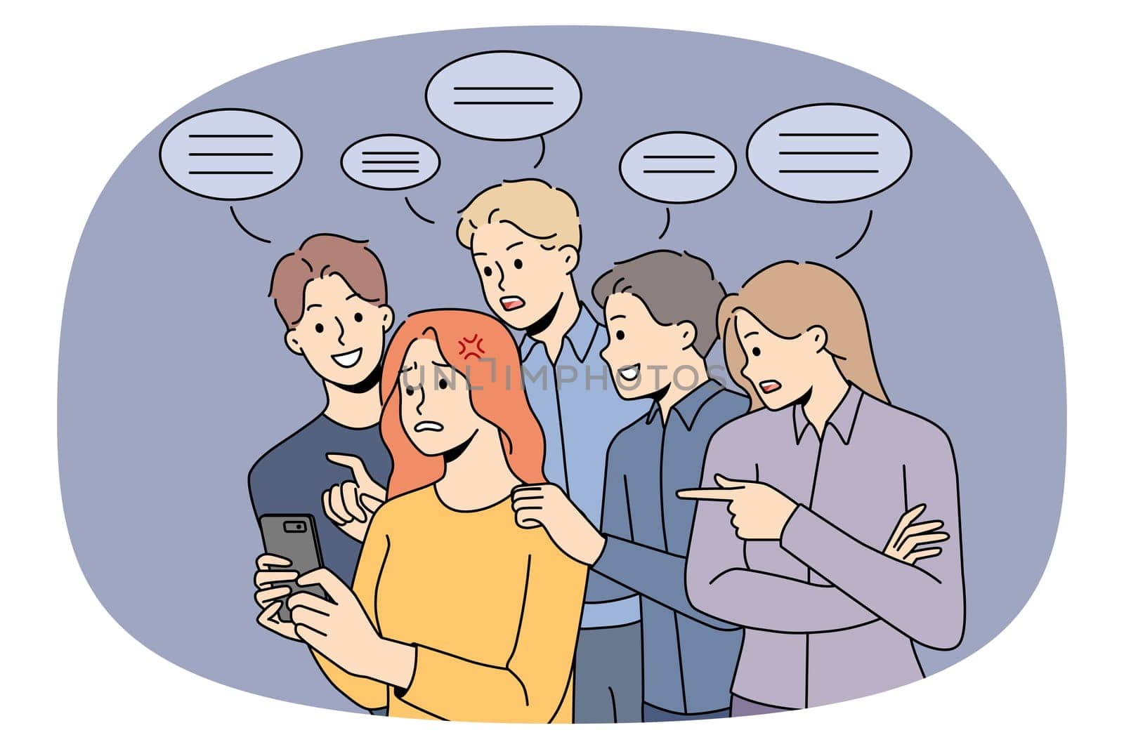 Stressed woman use cellphone have unasked advice from people in background. Unhappy girl feel bothered meddled with public comment and feedback in social media. Vector illustration.