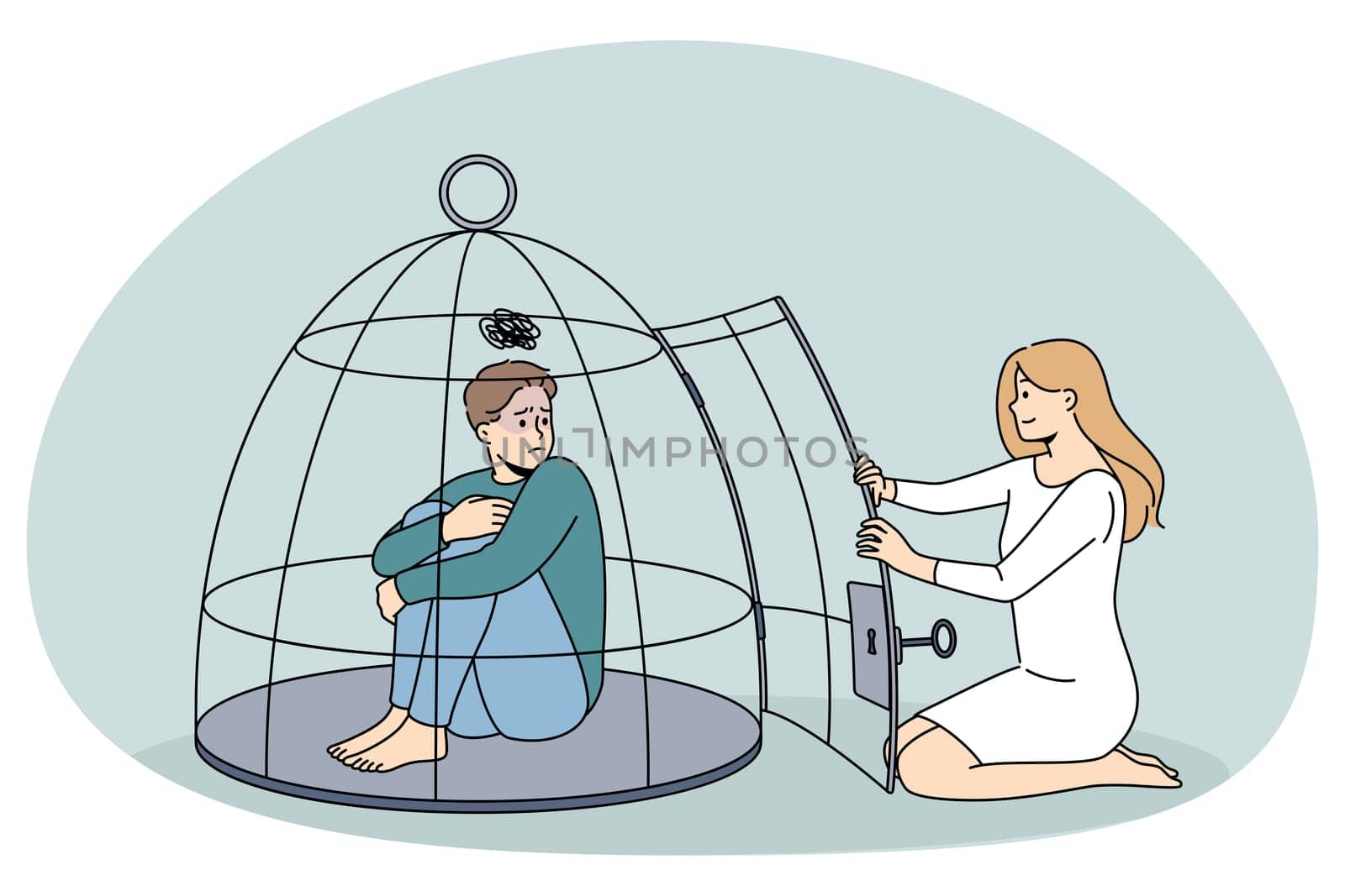 Woman helping unhappy depressed man locked in cage suffer from abuse and oppression. Helpless guy under control and dependence saved by female. Psychological abuse. Vector illustration.