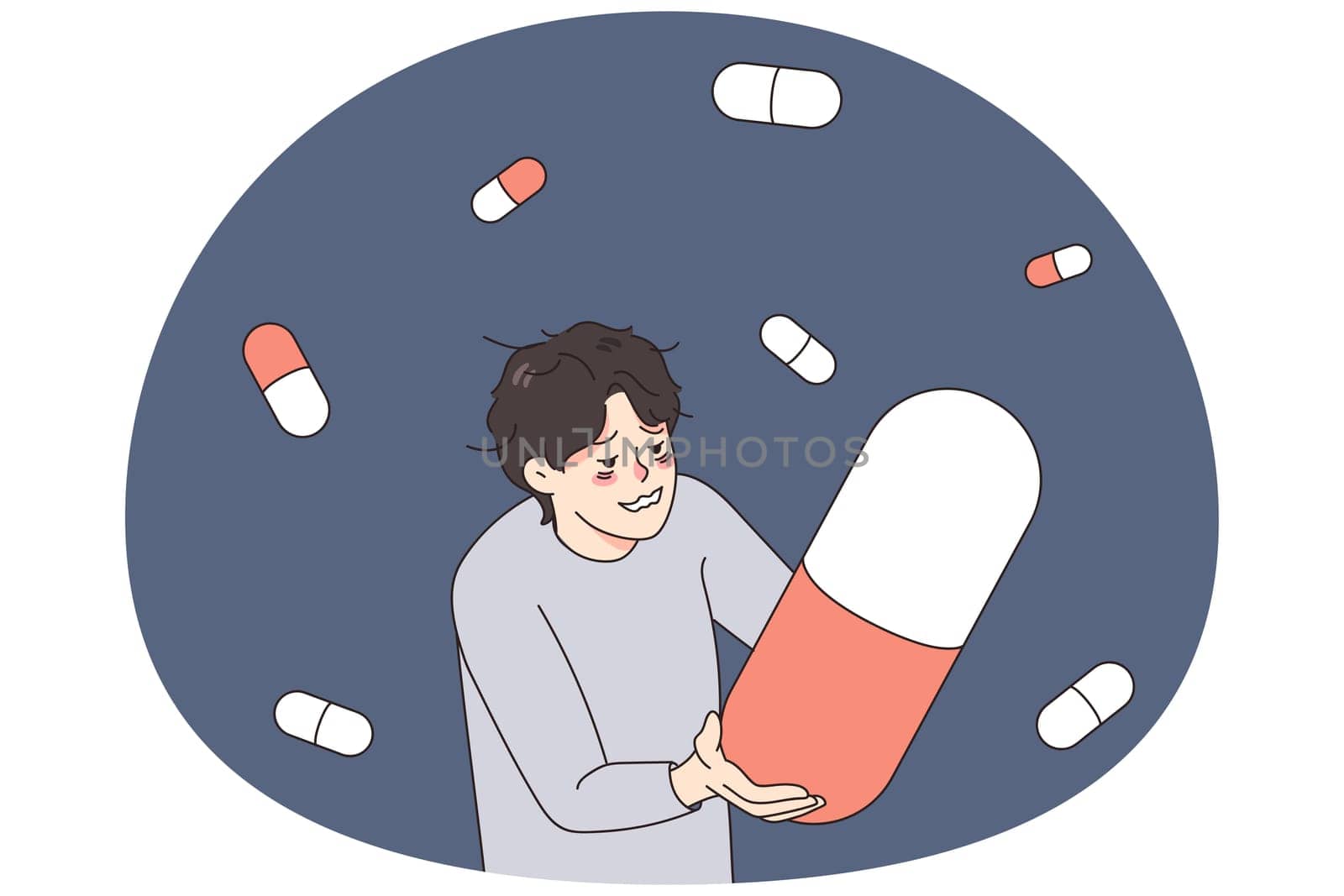 Unhappy stressed man suffer from drug addiction hold huge pill. Upset unhealthy guy struggle with depression addicted to medication and tablets. Medicine and healthcare. Vector illustration.