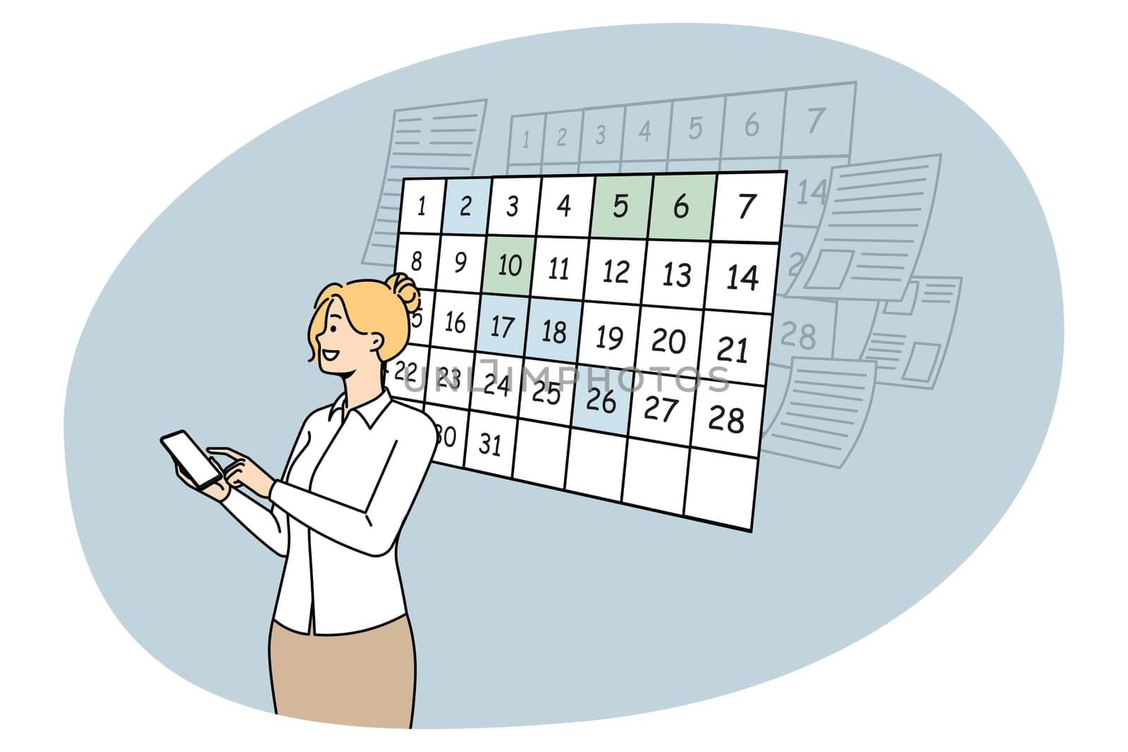 Businesswoman use smartphone plan appointment for day in calendar application. Woman scheduling appointments and events on cellphone app. Time management. Vector illustration.